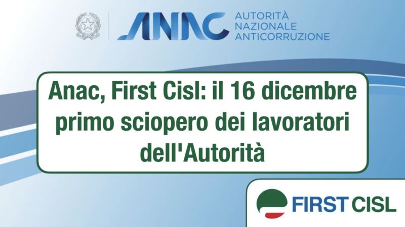 Anac, First Cisl: il 16 dicembre primo sciopero dei lavoratori dell’Autorità